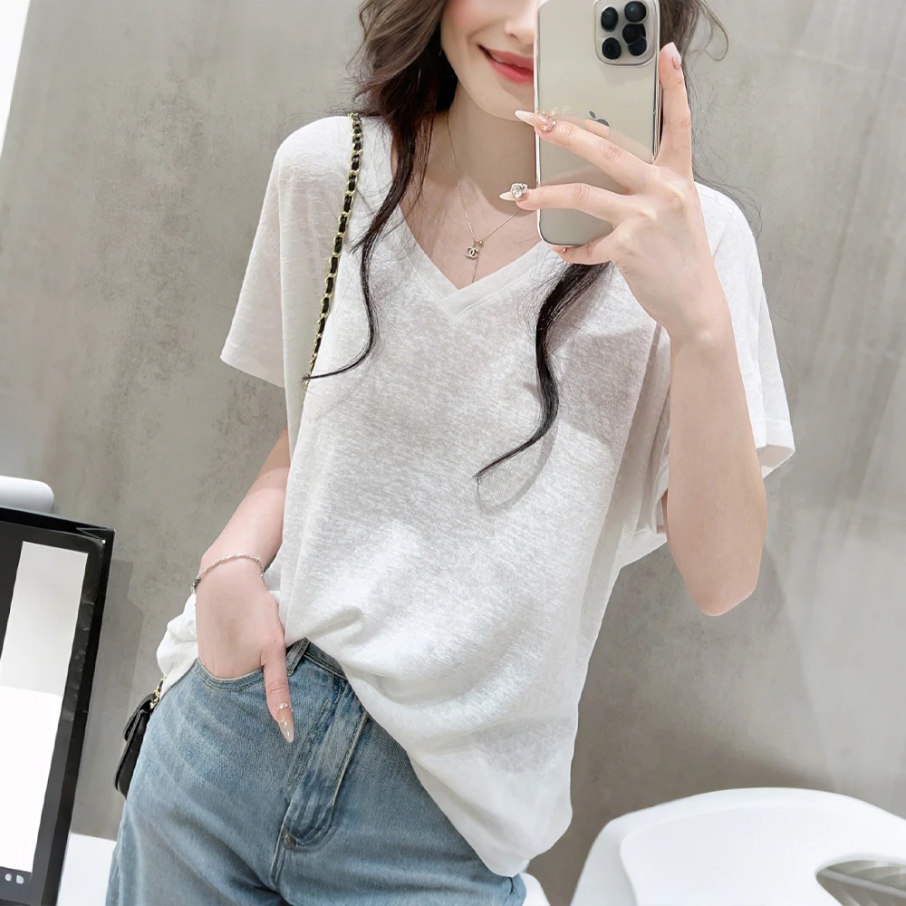 夏季款短袖雪花棉V领薄款T恤女宽松显瘦慵懒风小众体恤休闲上衣