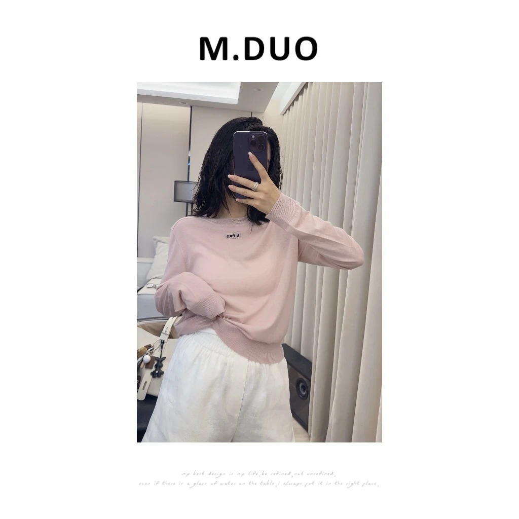 M.DUO 时尚百搭纯色字母休闲圆领羊毛简约设计感T恤上衣3067