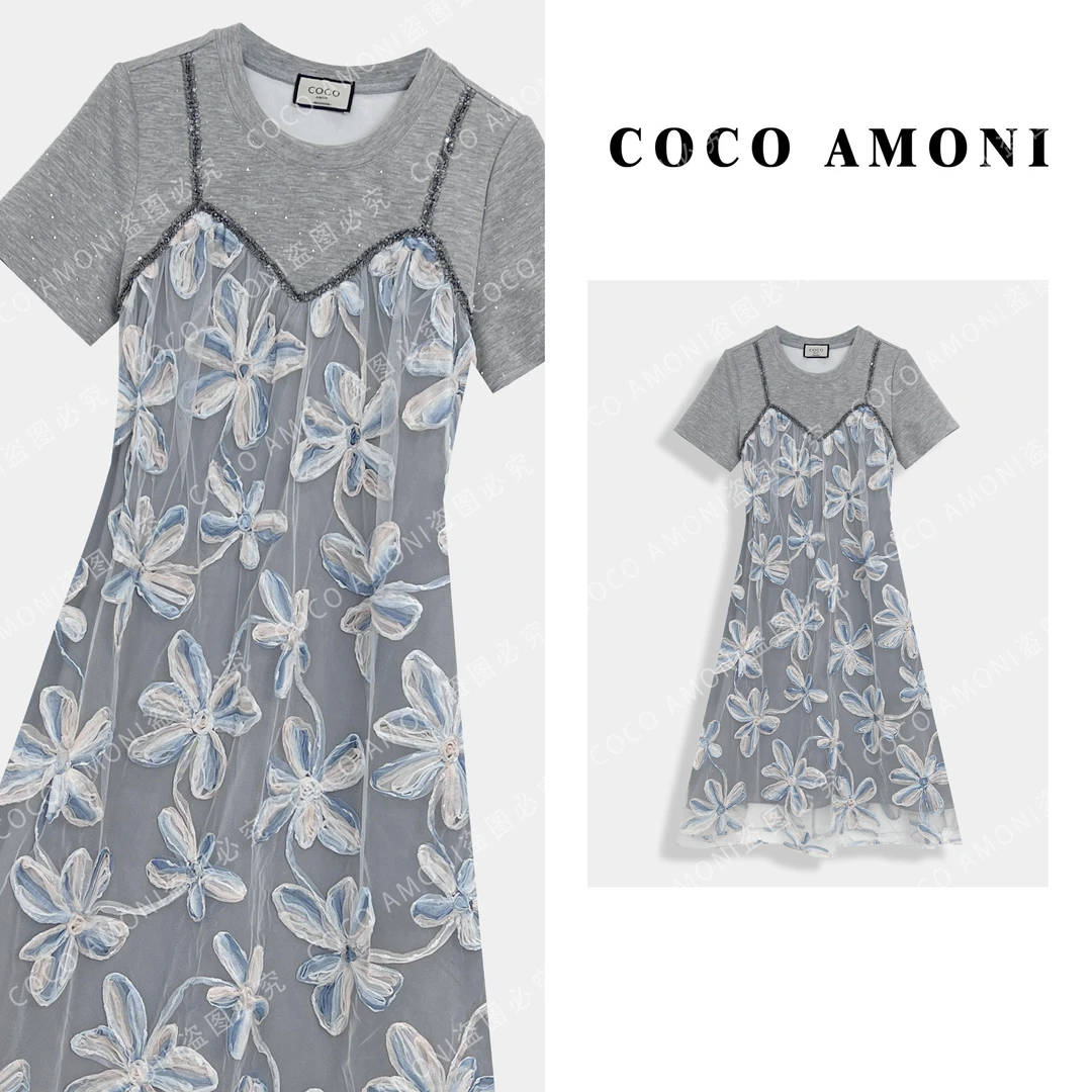 新款设计爆款高级感时尚女装拼接带亮钻显瘦气质连衣裙ZC341