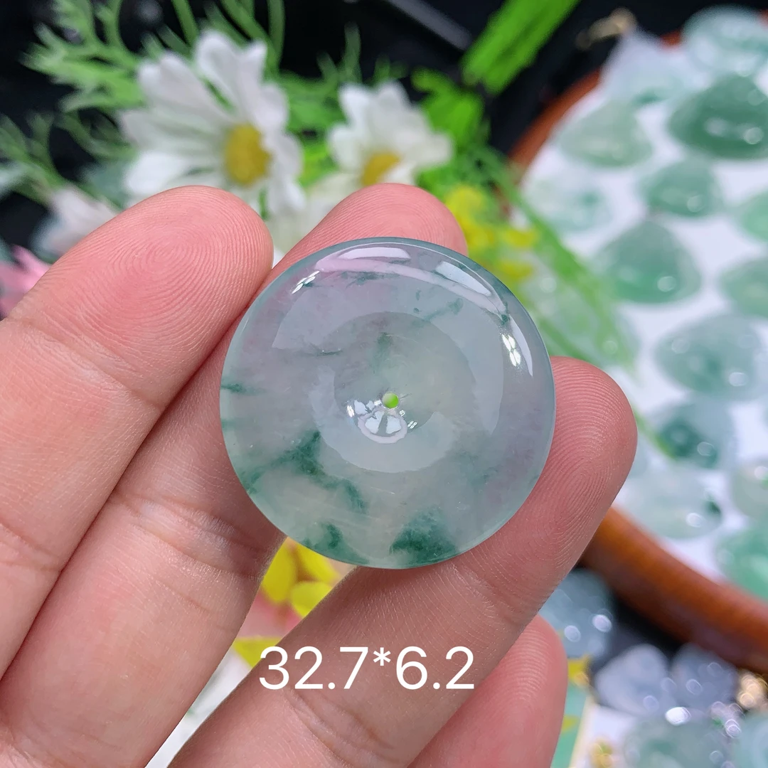 缅甸天然翡翠冰种飘花平安扣挂件o冰透灵动精雕气质百搭时尚简约