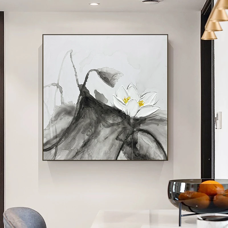 （墨荷）纯手绘油画新中式客厅沙发背景装饰画书房餐厅挂画斗柜壁画