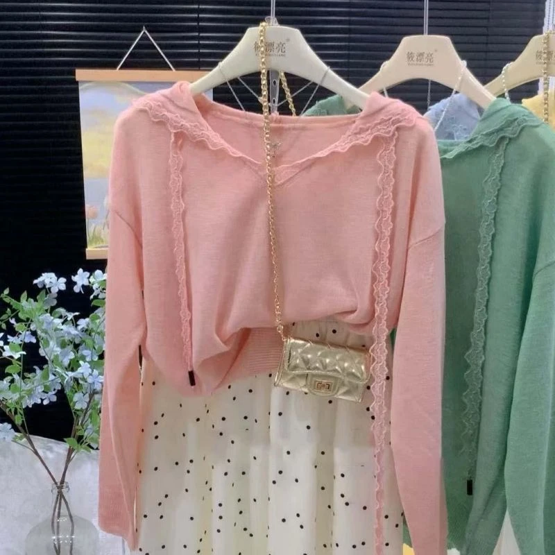 蕾丝花边百搭连帽纯色薄款韩版针织衫女装夏季罩衫针织上衣