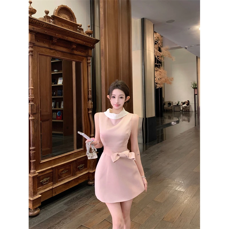 气质名媛蝴蝶结无袖背心连衣裙女夏季粉色甜美收腰显瘦A字短裙子