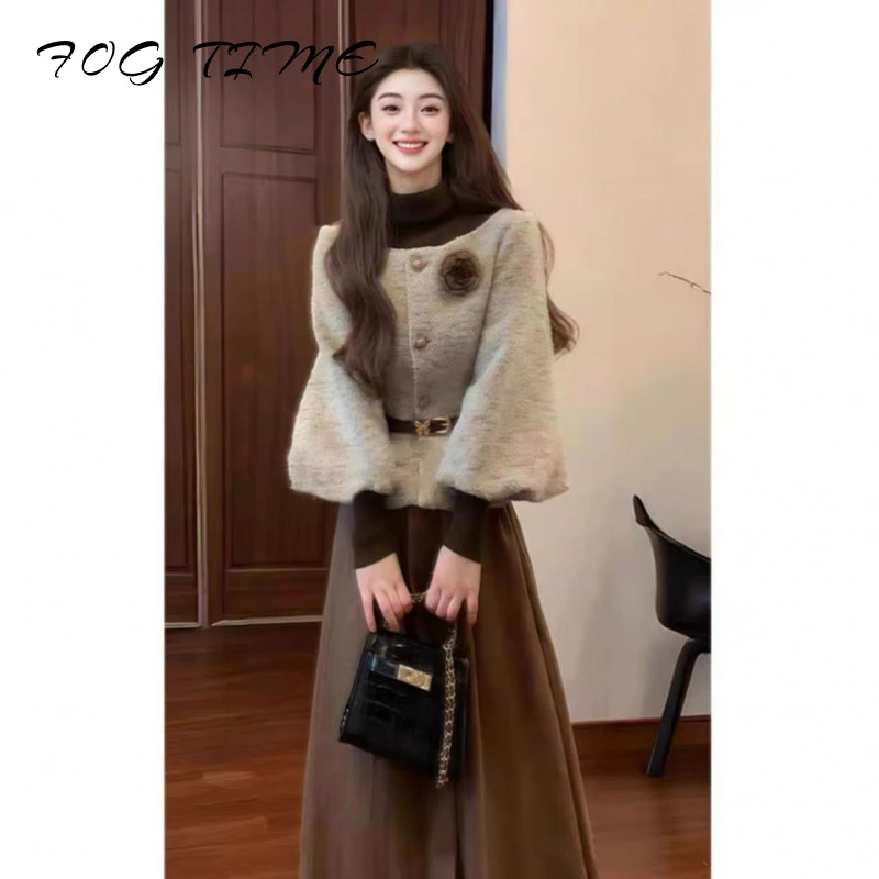 小香风套装韩系搭配一整套冬装高级感法式外套针织衫半身裙两件套