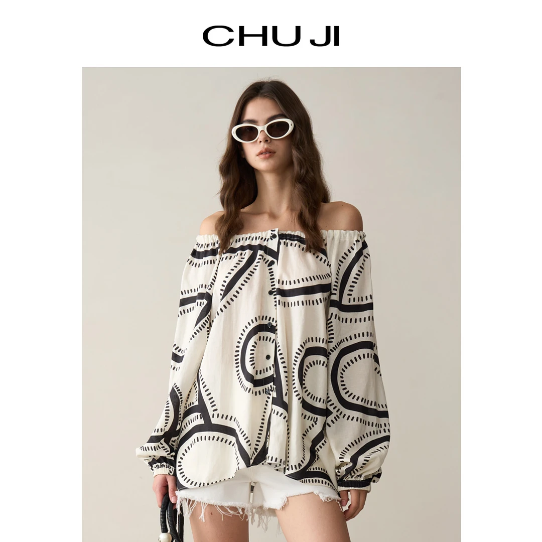 Chuji/出迹时髦艺术感印花一字肩夏款长袖上衣女宽松露肩E1Z2139D