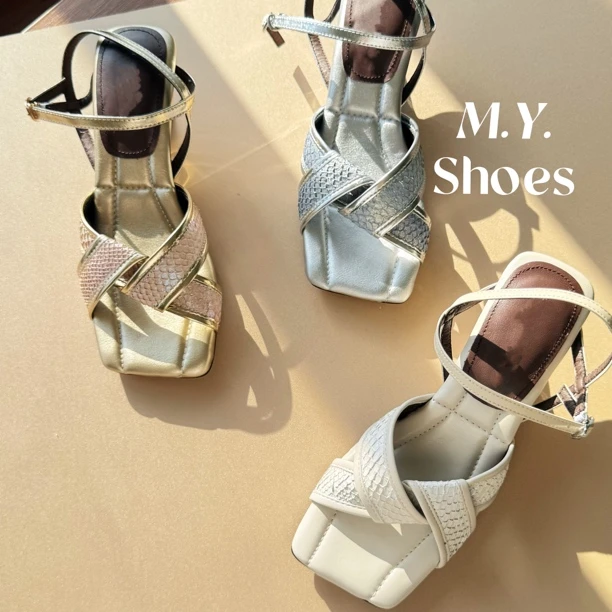 【美人鱼】百搭一字带编织绑带深海珍珠鱼皮一字带凉鞋