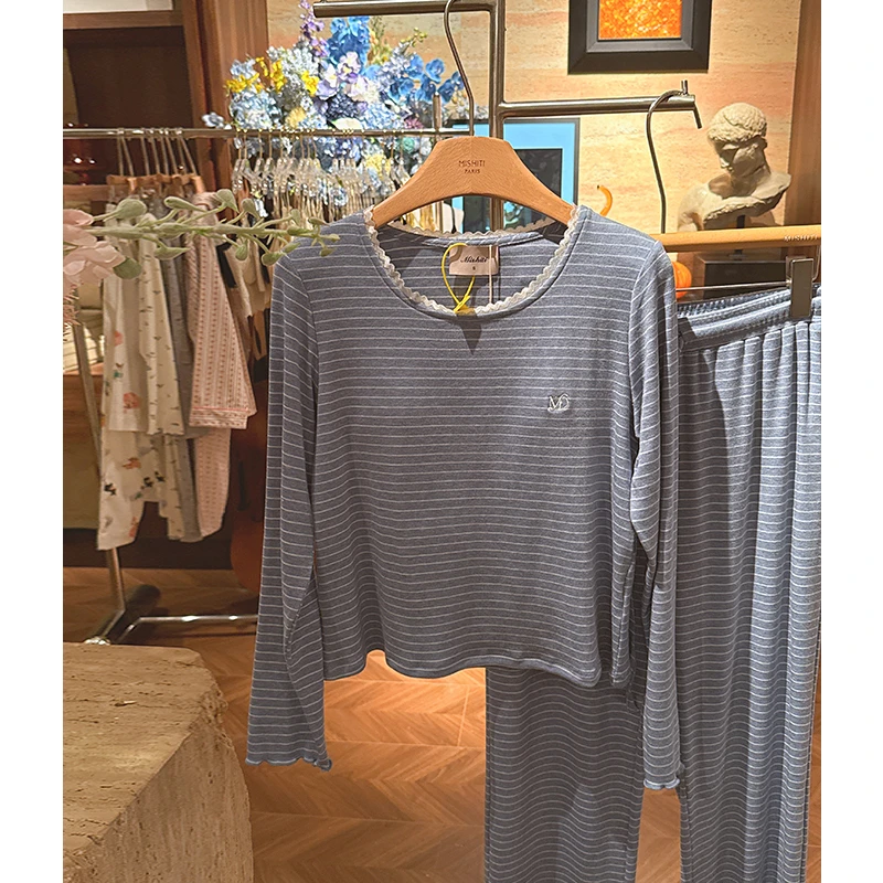 米诗缇【蓝条序长袖长裤】小众潮牌设计师可外穿长袖长裤睡衣家居服