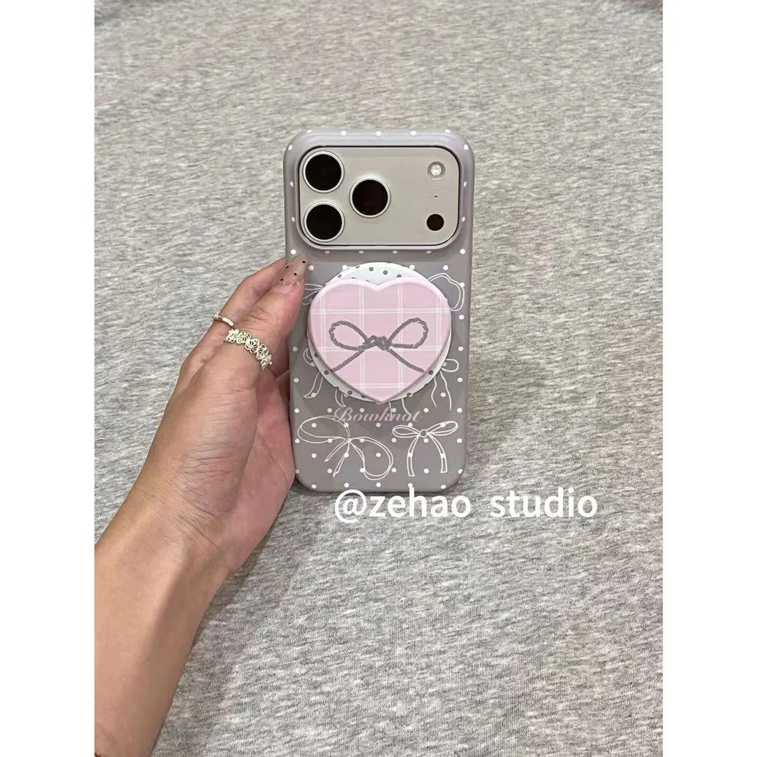 半包磁吸灰底波点蝴蝶结适用于17pm手机壳iphone16保护套15小众