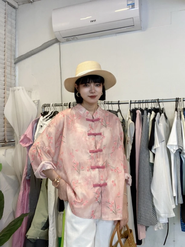 闪家新款国风粉色印花衬衣