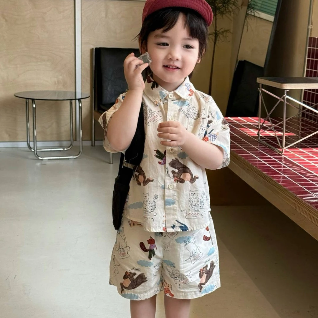 凡妈童装2025夏季新款男童小童韩版满印卡通棉布衬衫短裤套装两件