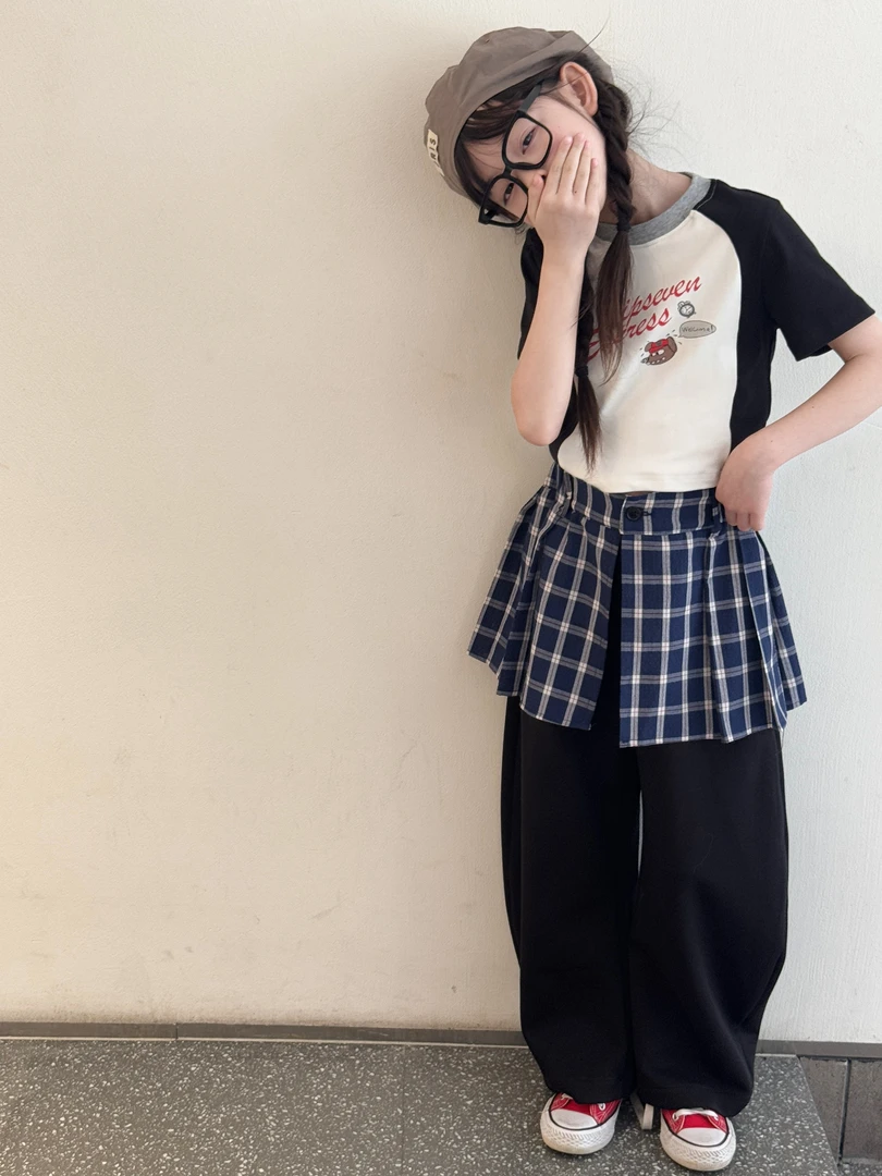 美式街头风女童弯刀裤2025新款中大童衬衫摆格纹假两件裤25096