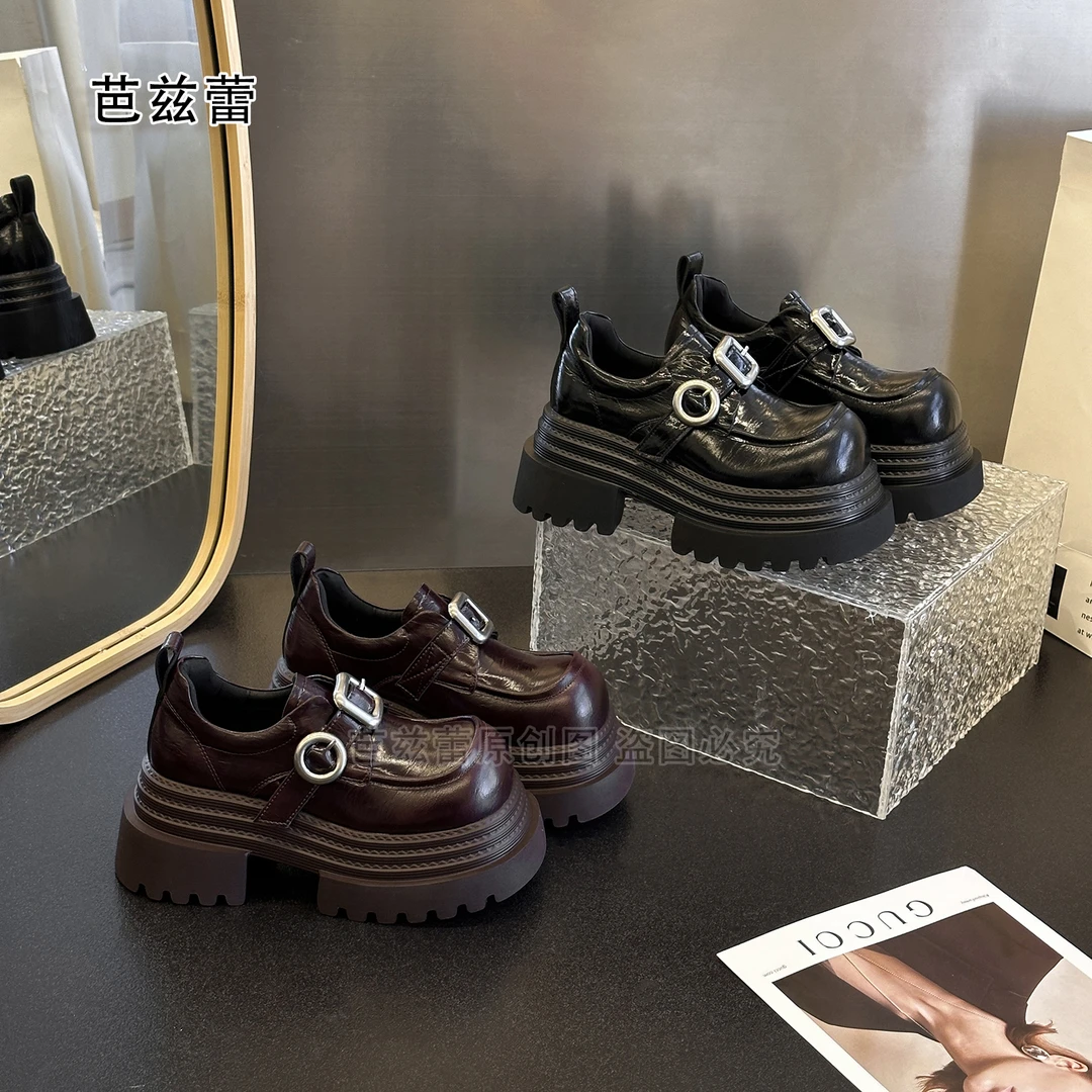 bazilei/芭兹蕾金属扣2025年春季新款厚底小皮鞋女时尚百搭乐福鞋