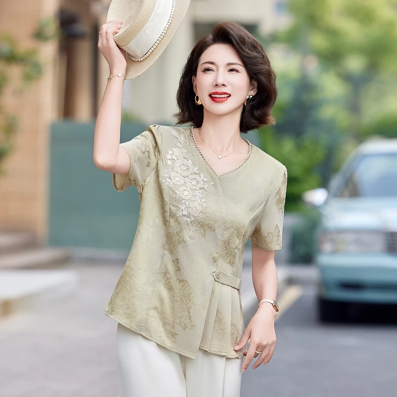 母亲节妈妈装中老年夏季新中式提花短袖小衫不对称收腰显瘦上衣