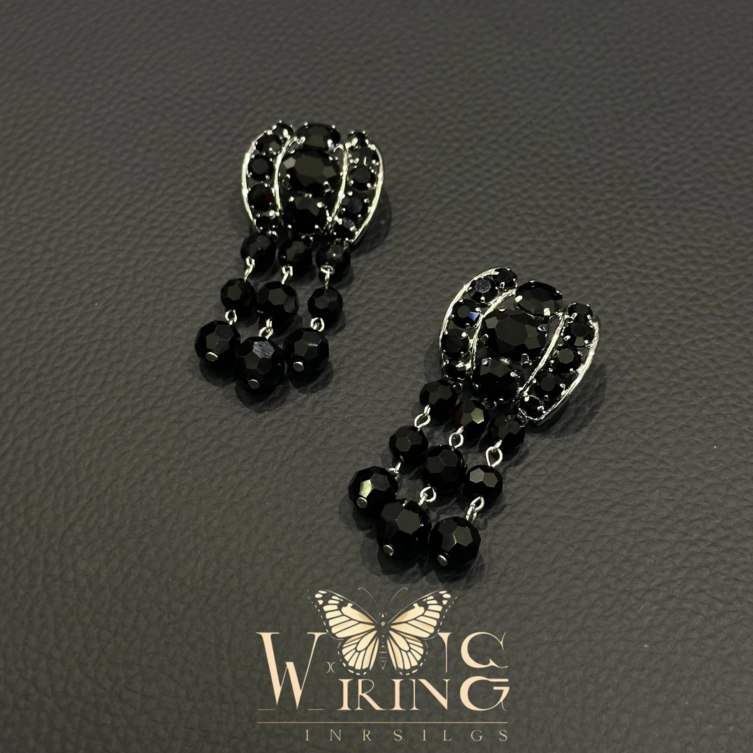 铜合金仿水晶耳饰 王大嘴原创 “黑晶流苏”奢华晶晶流苏耳钉A876