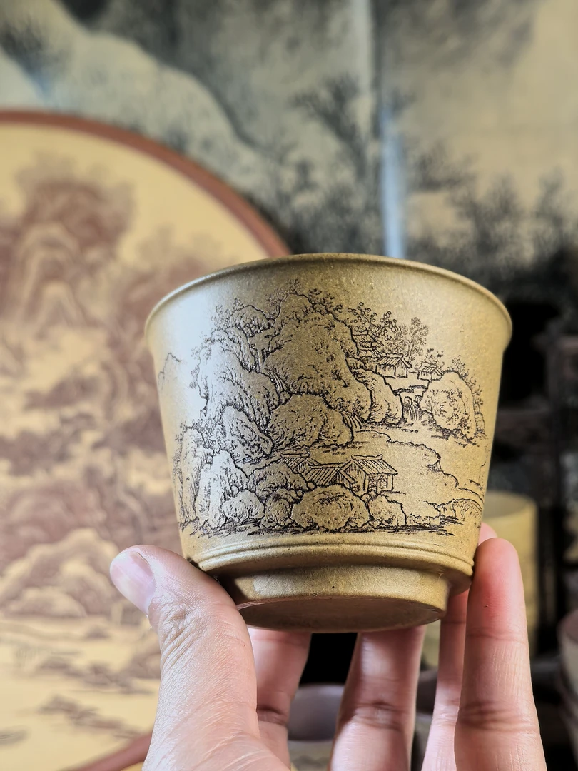 宜兴紫砂手工刻绘山水主人杯段泥品茗杯120cc