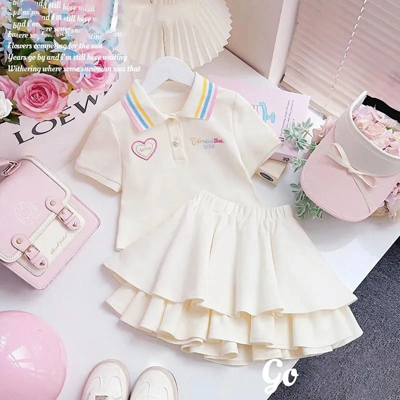 儿童短袖Polo领半身裙套装2025夏装新款洋气休闲t恤绣花女童裙子