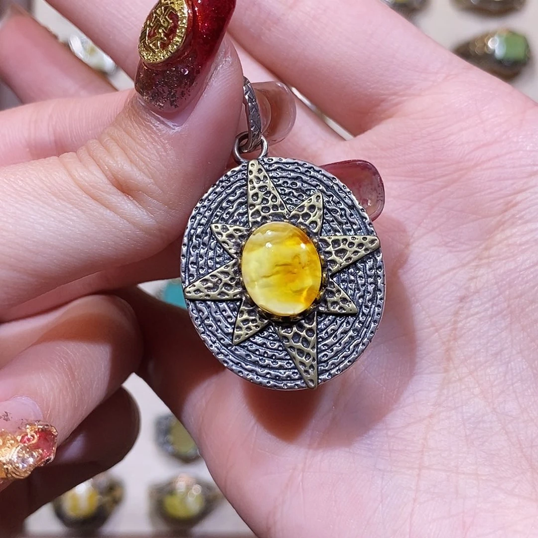 琥珀颈饰银S925镶嵌ᝰ****ʸ吊坠