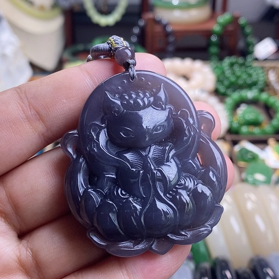 和田玉收藏级烟紫帝王紫高冰老矿料凤九吊坠未镶嵌藕*子