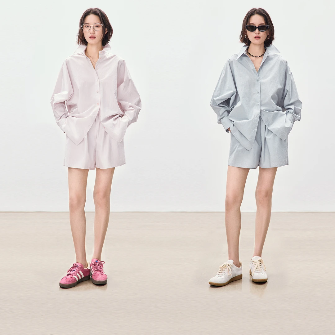 鲸乎慵懒宽松纯棉衬衫短裤套装女2025春秋休闲纯色衬衣两件套