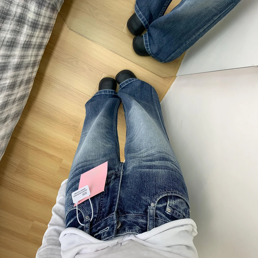 美式不贴腿微喇牛仔裤女秋冬新款大码胖mm高腰宽松显瘦直筒阔腿裤