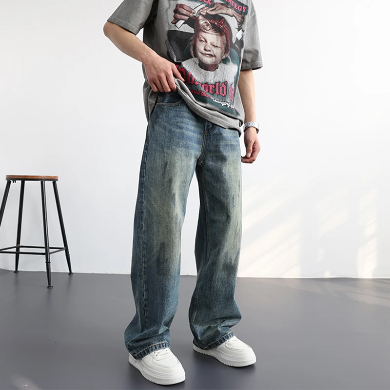 美式水洗牛仔裤男士个性嘻哈泼墨宽松直筒阔腿裤潮流痞帅百搭长裤