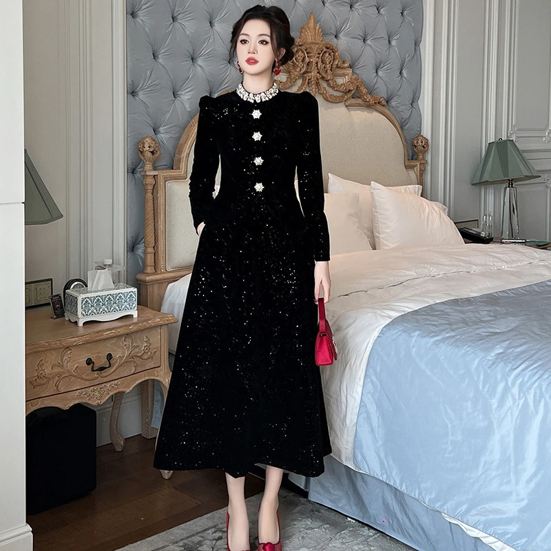 富家千金连衣裙女法式气质假两件赫本风晚礼服高腰显瘦黑色a字裙