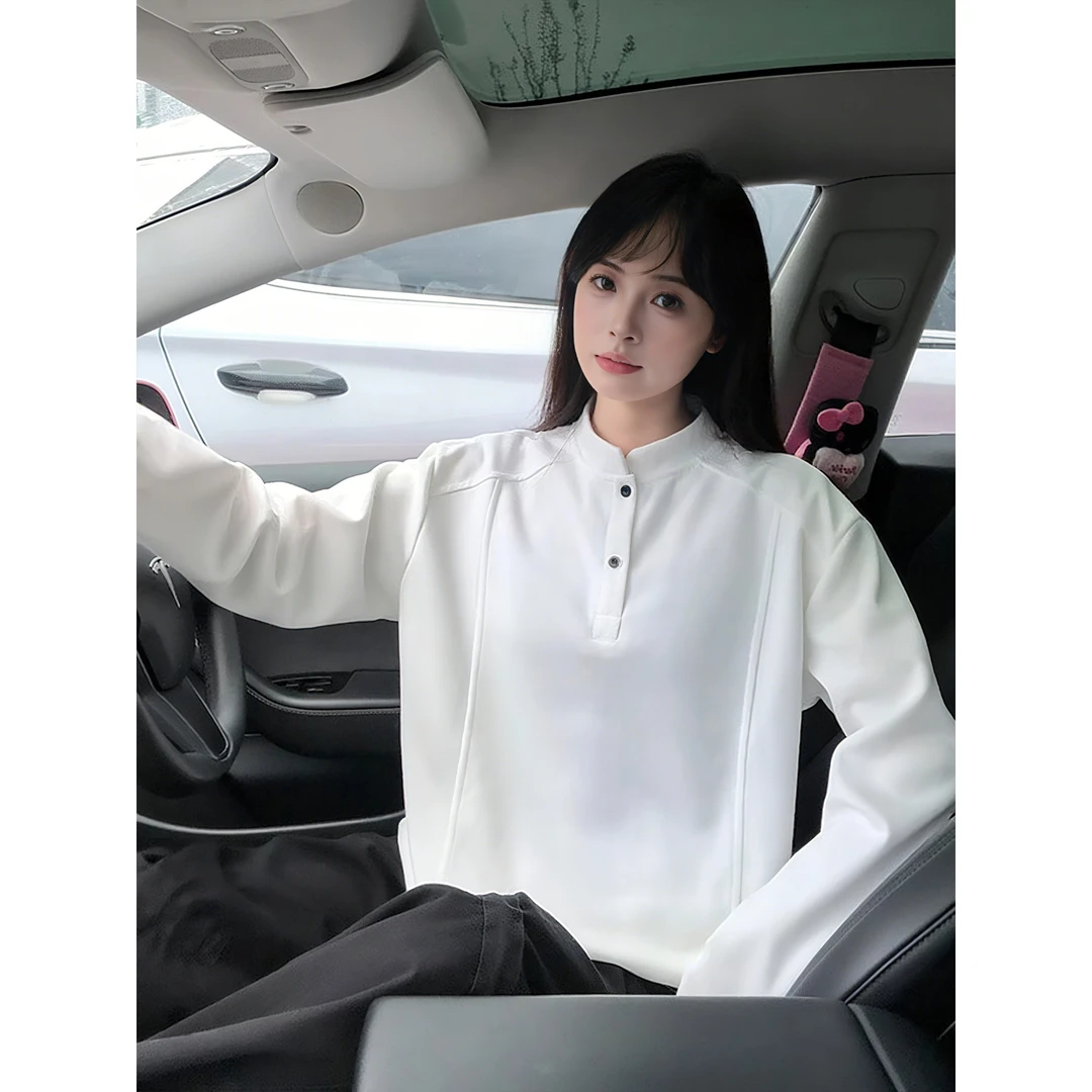 白色亨利领正肩重磅长袖t恤男款春秋美式复古潮牌痞帅宽松打底衫