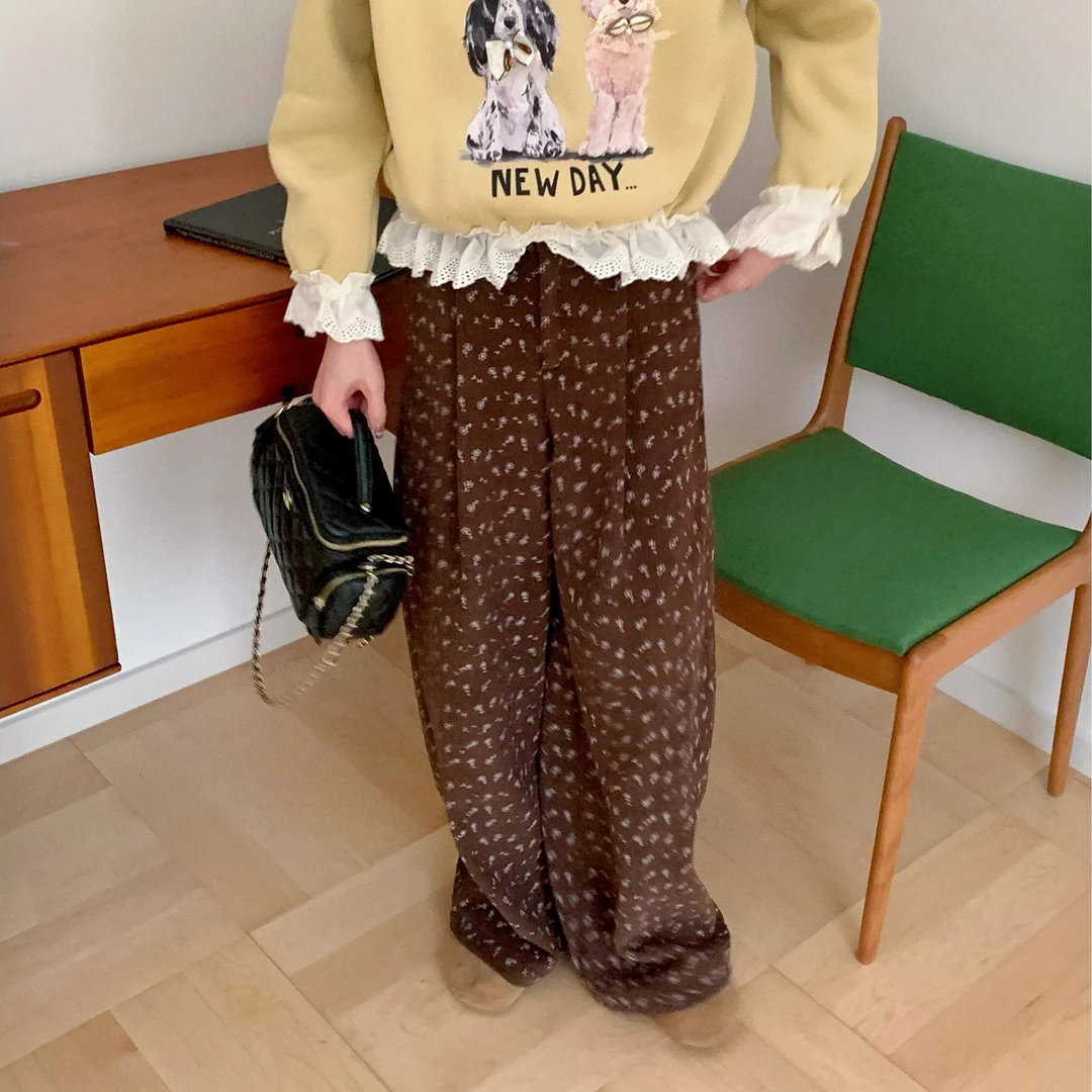 【赵小小yimao】76621 碎花加绒加厚垂感直筒宽松高腰显瘦阔腿裤