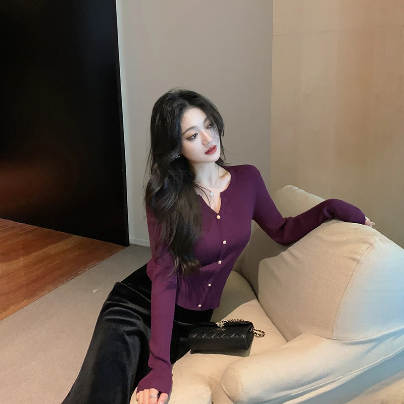 林关关【韵味紫调】纯欲气质百搭V领针织衫春夏修身显瘦打底衫上衣