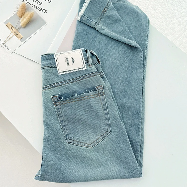 秋季新款蕾丝高腰九分牛仔裤梨形身材小个子宽松窄版直筒法棍裤子