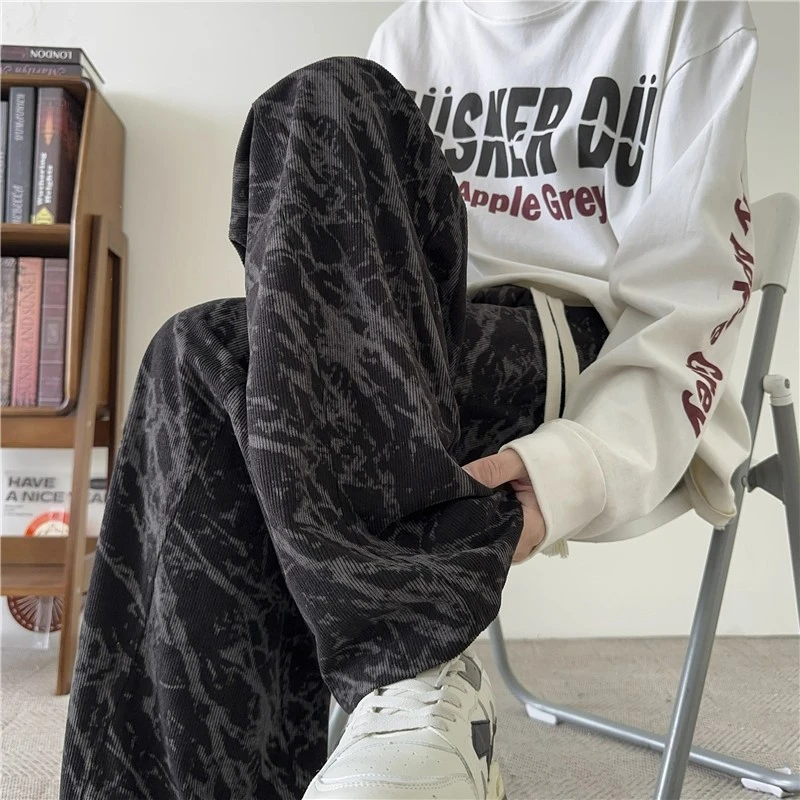 扎染灯芯绒裤子男春秋季宽松阔腿运动裤潮牌美式复古加绒休闲长裤