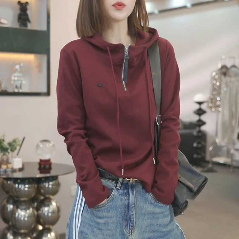 欧货时尚百搭半拉链连帽卫衣女秋季设计感高端欧货洋气时髦上衣潮