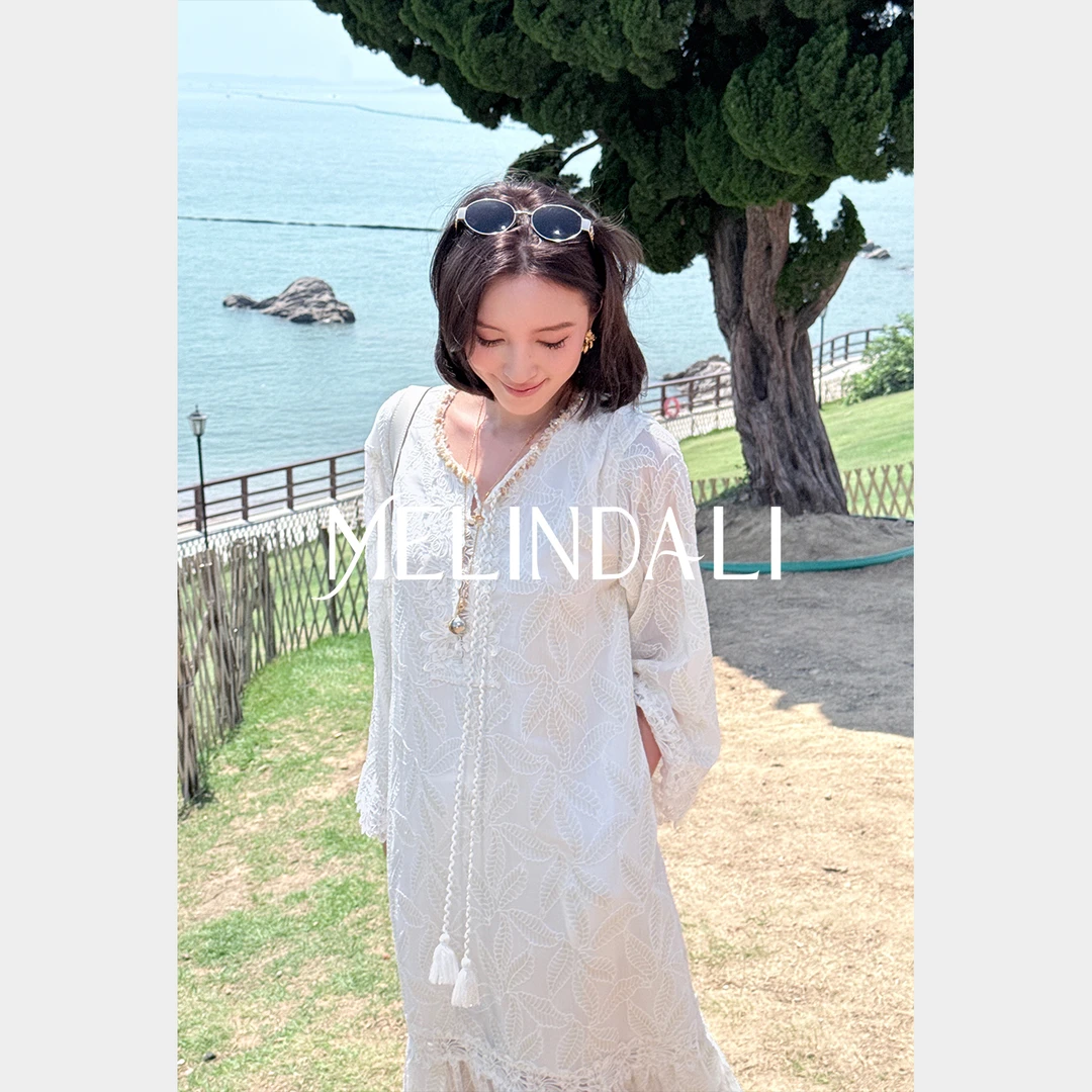 Melinda Li【松弛贵雅】私服金丝绣花珠钻织带蕾丝长袖出游连衣裙夏