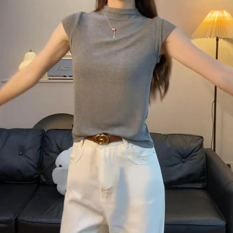 老钱风螺纹半高领短袖t恤女夏季修身百搭飞飞袖设计上衣吊带背心