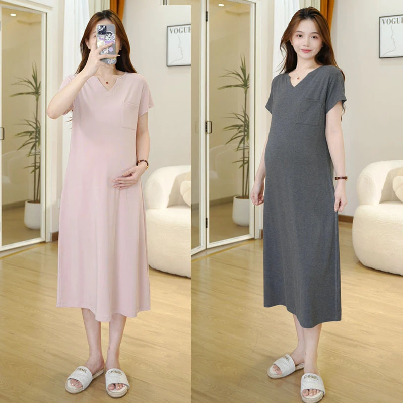 孕妇连衣裙V领夏季洋气爆款简约大气感天丝莱赛尔弹力孕妇装裙子