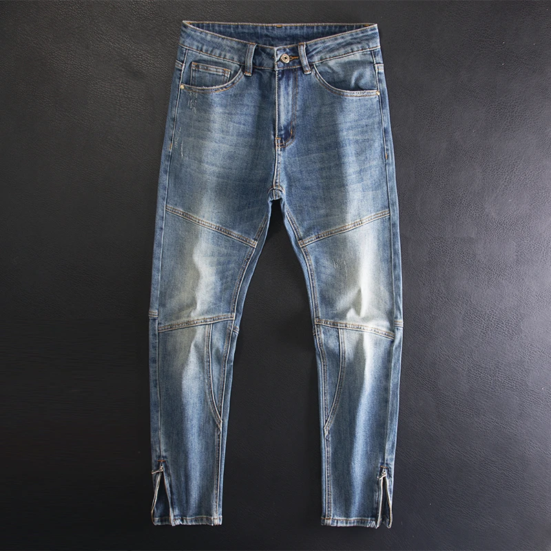 DeweLvum拼接潮牌修身小脚牛仔裤男复古裤脚拉链百搭弹力长裤男装
