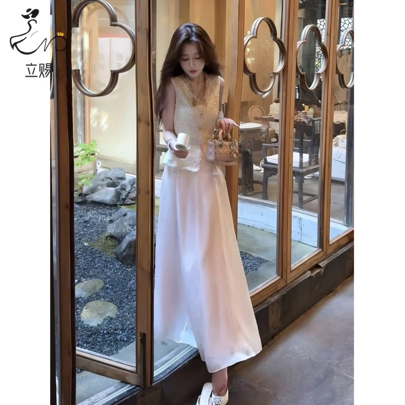 立赐新中式国风套装夏季新款气质显瘦蕾丝无袖上衣半身裙两件套女