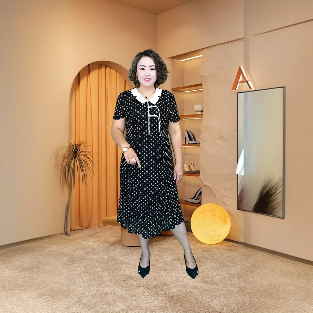 中长款时尚中老年女装裙子宽松型夏季宽松圆点长裙