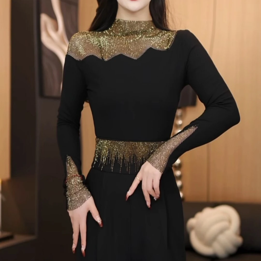 【 冬季新款】新款秋冬拼接波浪钻修身显瘦时尚保暖百搭上衣女-3255