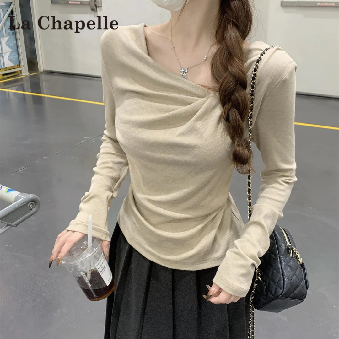 拉夏贝尔纯欲荡领长袖t恤女秋季2025新款韩系纯欲风修身内搭上衣