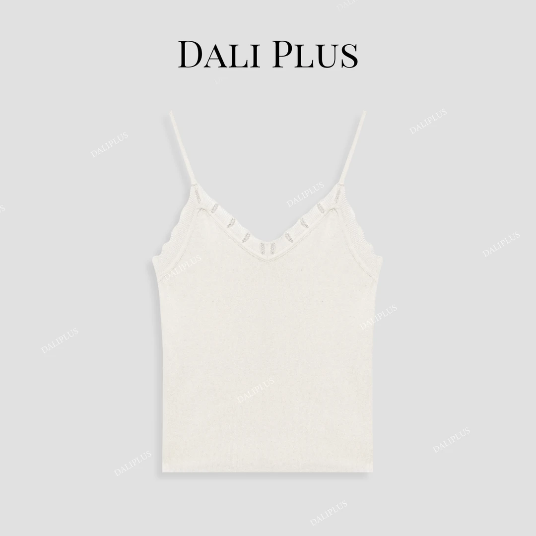 DALI PLUS桑蚕丝羊毛精致镶钻波浪收边打底吊带背心-D5MM2040