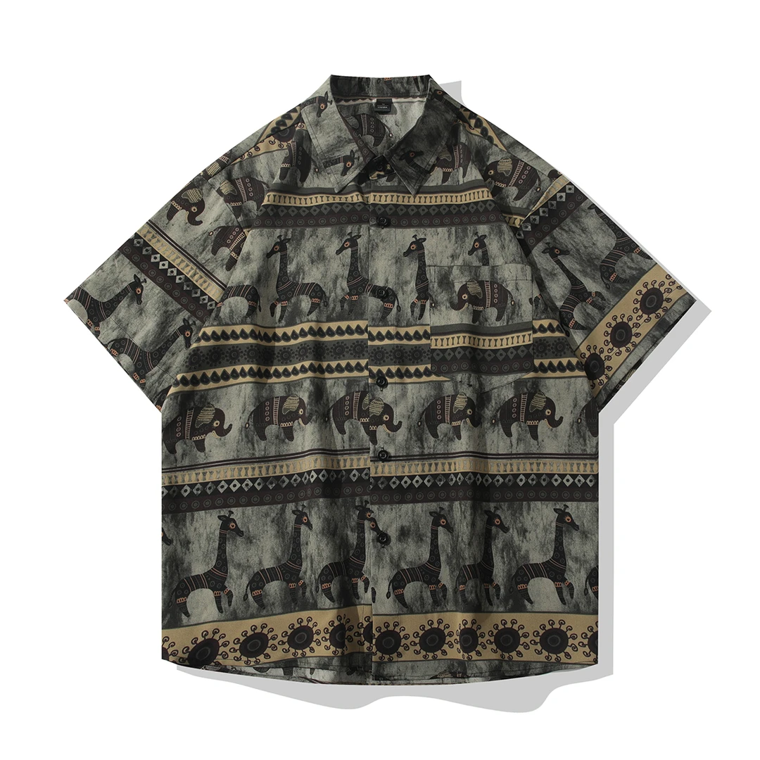 夏季复古冰丝短袖衬衫高级感男装衬衣做旧图腾设计感宽松轻薄上衣