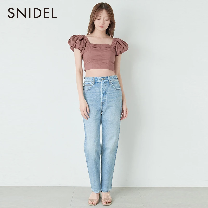SNIDEL甜美方领褶皱泡泡袖短款衬衫上衣SWFB232086