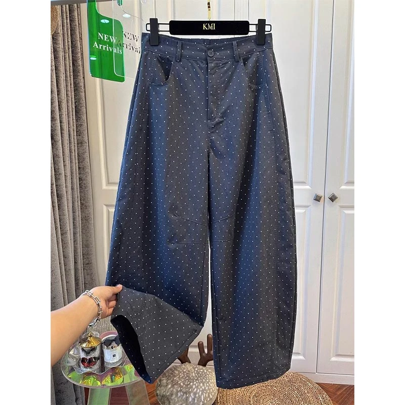 深蓝色波点休闲裤阔腿裤女春秋2025新款设计感小众宽松高腰直筒裤