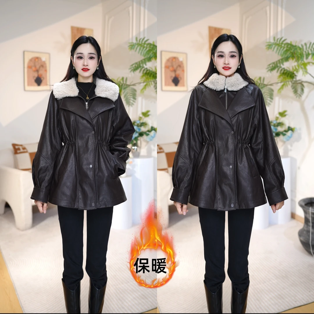 复古港风加绒加厚款保暖冬款橡筋收腰显瘦皮毛一体外套KM5D017