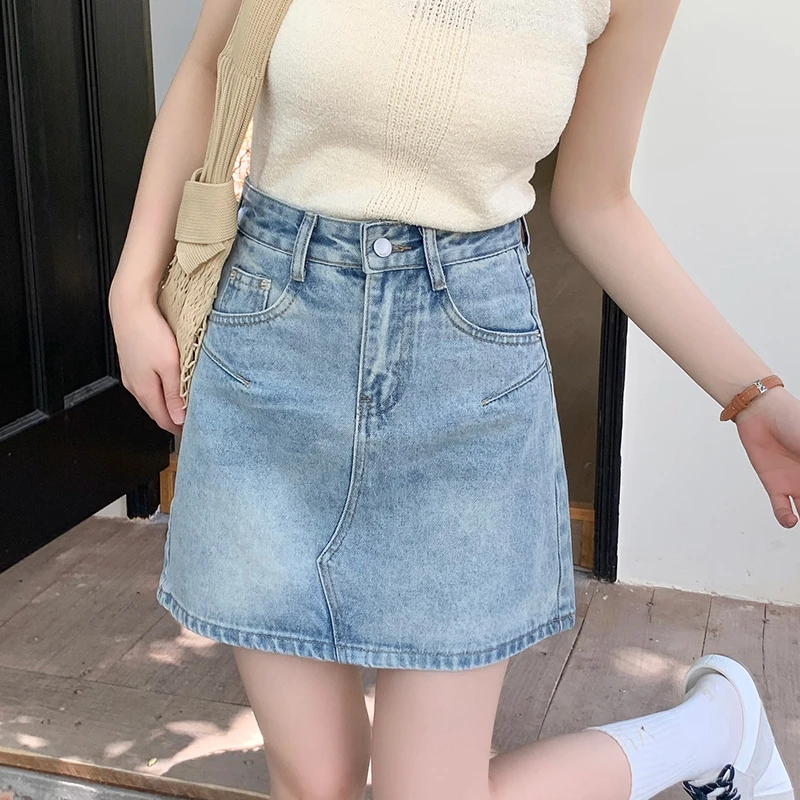 小个子牛仔短裙女春季新款高腰口袋防走光修身裙a字半身裙