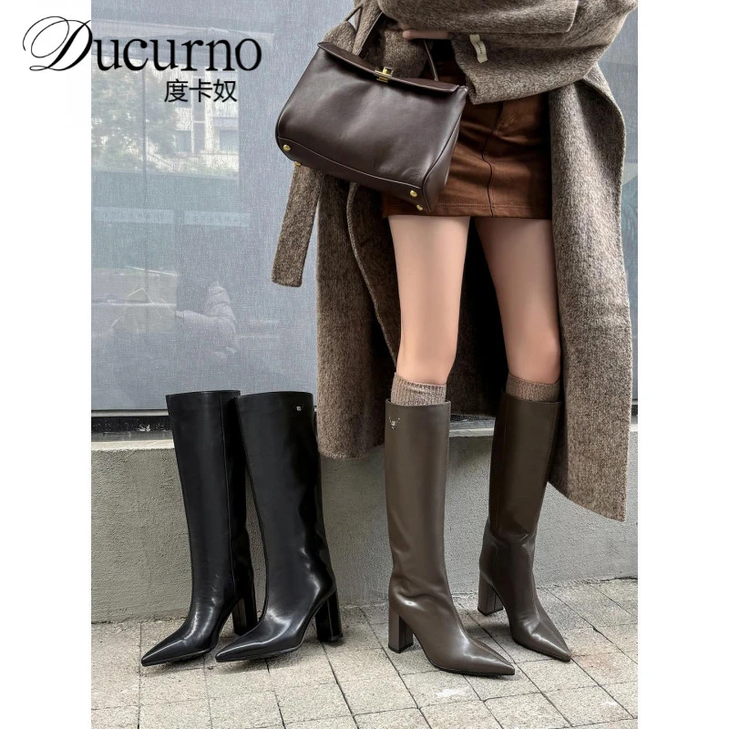 真皮法式方头高筒骑士靴平口宽筒修饰腿型气质高跟巨好看长筒靴女