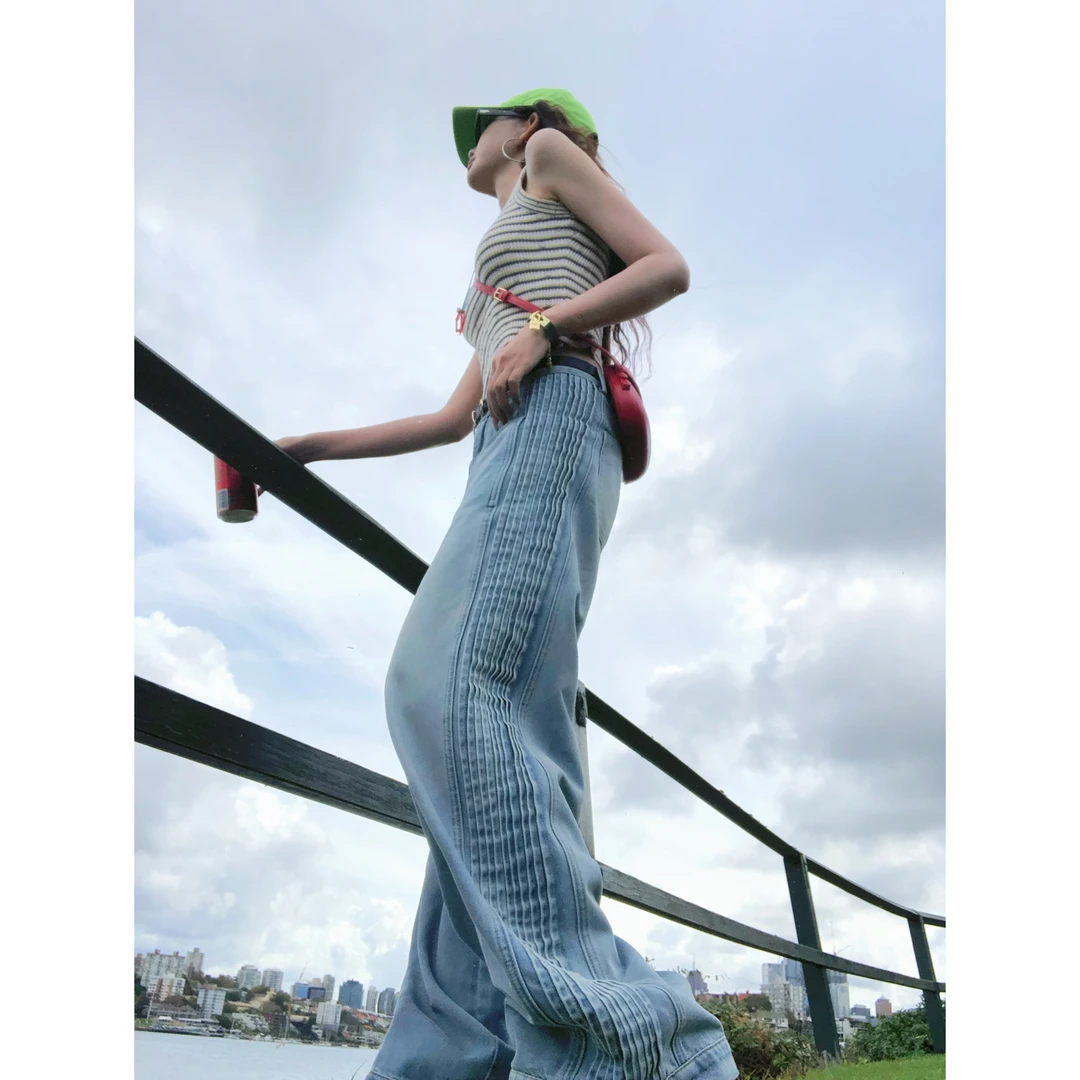 婉君【重工捏褶牛仔】夏季美式vibe侧边褶皱阔腿牛仔裤LWJ25A1K712