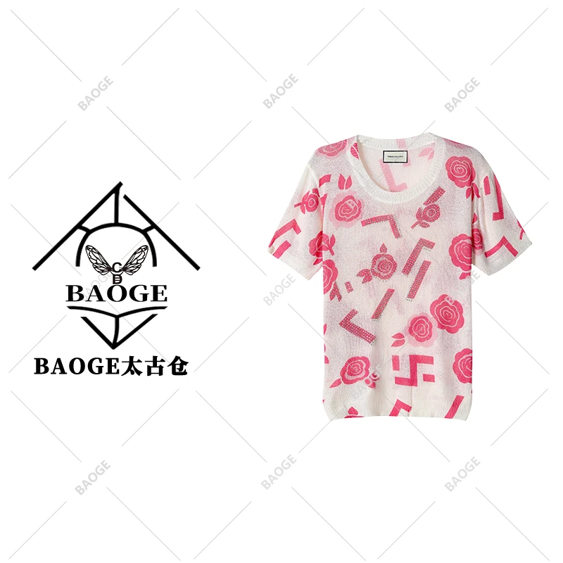 【BAOGE太古仓】轻奢重工短袖镶钻印染山茶花薄款毛衣针织套头5031