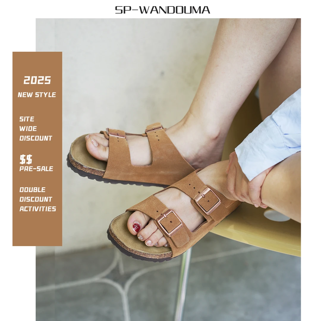 2025夏季新款真皮勃肯鞋外穿拖鞋女磨砂牛皮软木博肯二字凉鞋情侣